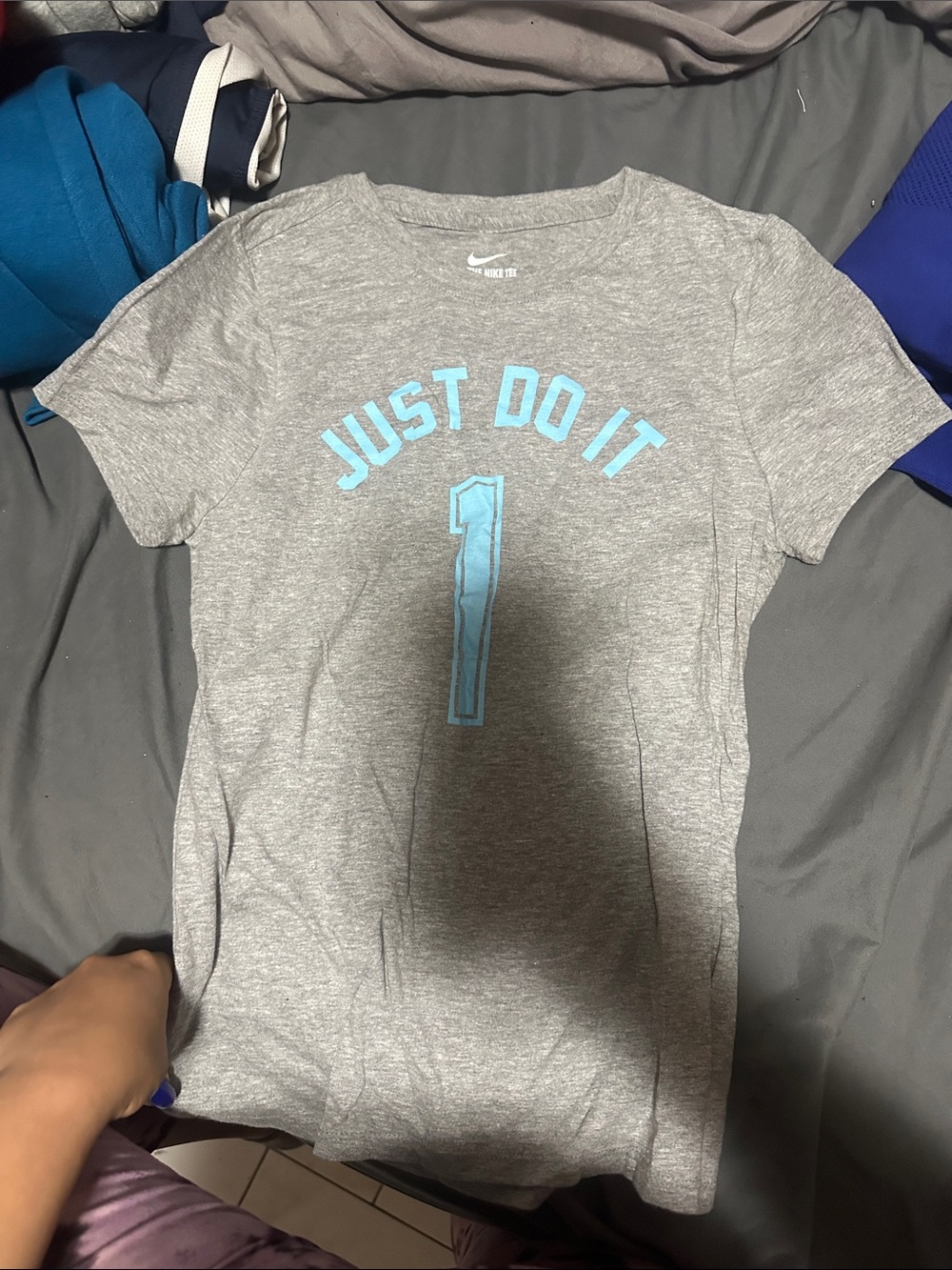 Nike Gray Tee with Light Blue "Just Do It" Graphic